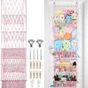 5 Tier Stuffed Animal Storage Shelf Net, 17x61 Inch Large Plushie Net w/LED Light & Clips for Mini Medium Stuffy Teddy, Pink Boho Macrame Wall Toy Holder Display for Nursery Kids Girls Boys