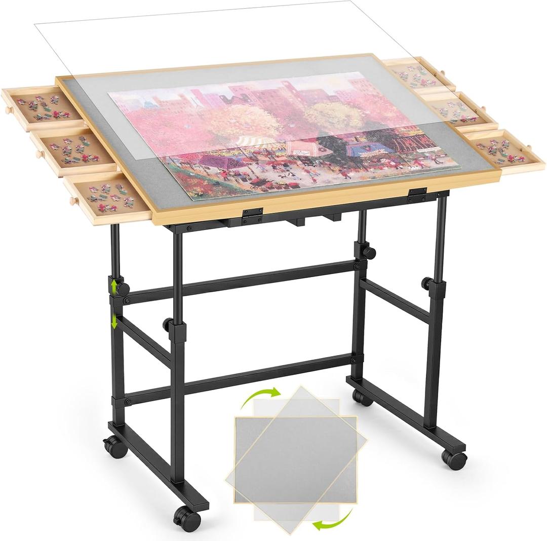 1500 Piece Jigsaw Puzzle Table with Metal Lazy Susan, Rotating Adjustable Height Puzzle Desk with Legs for Adults, 4-Tilting-Angle Portable Wooden Game Board with 6 Drawers & Cover (Grey)