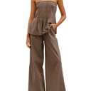 Tankaneo Womens 2 Piece Outfits Summer Strapless Tube Tops Wide Leg Pants Cotton Vacation Pleated Matching Lounge Set, Size M