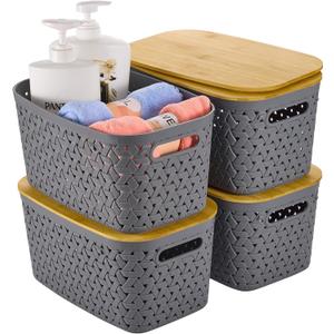 Plastic Storage Bins with Bamboo Lids 4 Packs - Pantry Organization and Storage Containers Storage Baskets: Stackable Storage Bins for Shelves Drawers Closet Office 11.9 x 7.7 x 6.3 inch (Gray)