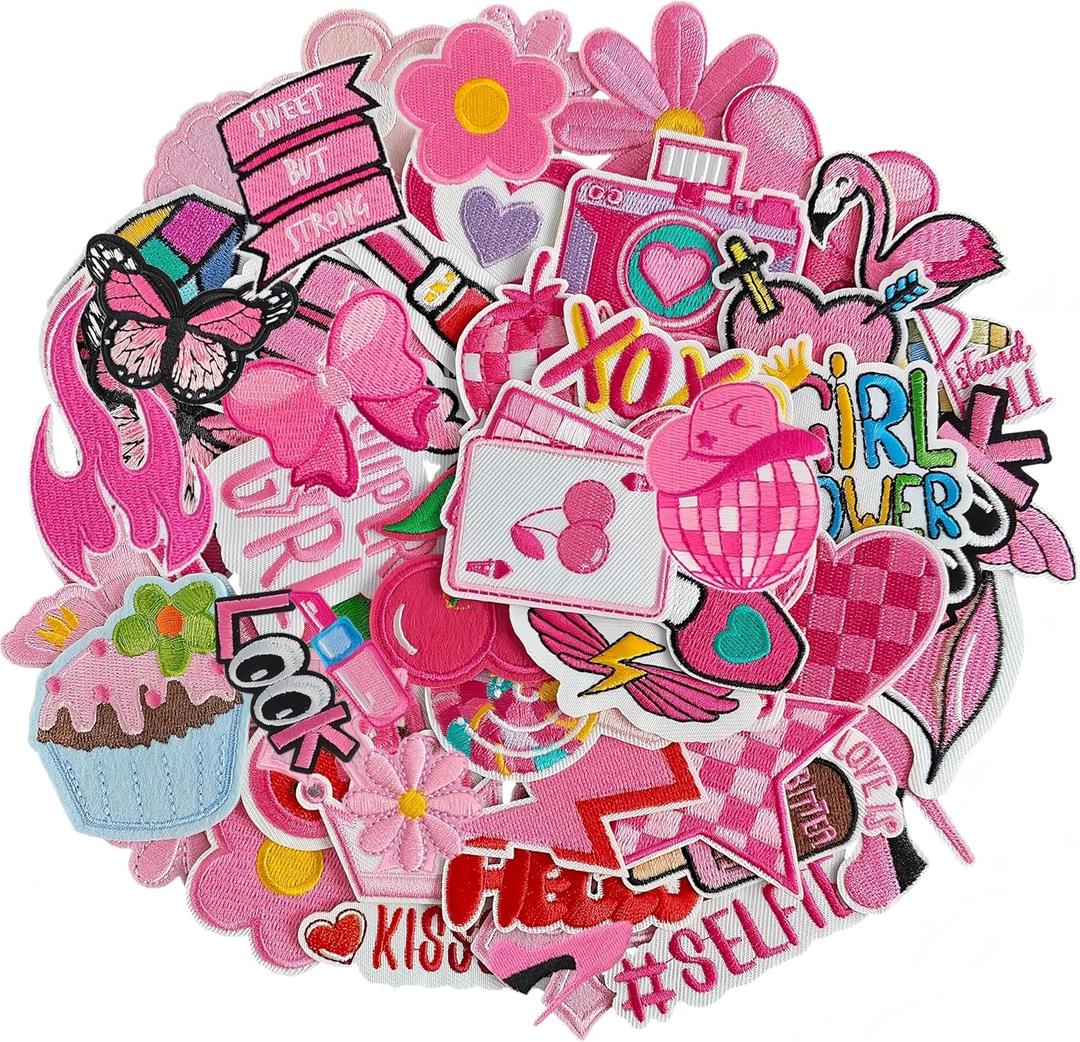 45 Pieces Pink Iron on Patch, Girls Iron on Patches Set, Sew on/Iron on Embroidered Patch Applique for Clothes, Dress, Hat, Jeans, DIY Accessories