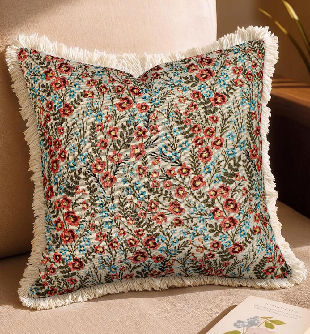 Decorative Throw Pillow Cover 18x18 - Vintage Pillowcovers with Fringe Retro Flower Embroidered Pillow Case with Zipper for Living Room Couch Sofa Bed Rustic Boho Design Abstract