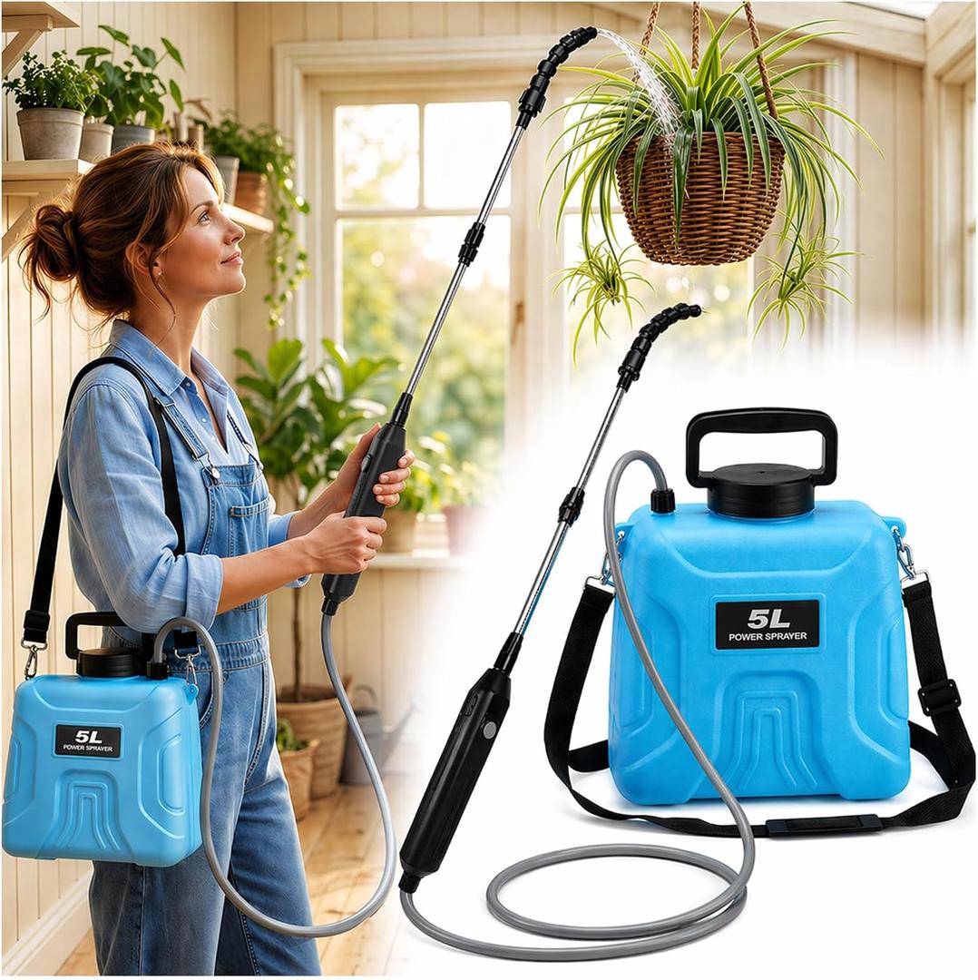 High Reach Plant Waterer with Spray Can - Electric Water Sprayer with Telescopic Wand and Water Hose, 180 Adjustable Nozzle 5L Watering Can for High Hanging Plants