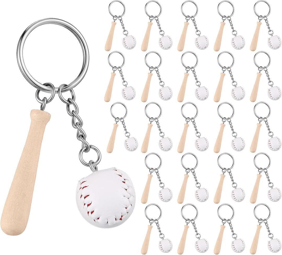 Junkin 24 Pcs Baseball Keychain Baseball Bat Keychain Mini Baseball Keychain with Wooden Bat Sports Keychain for Boys Sports Theme Party Team Souvenir Athletes Rewards Party Favors (White)