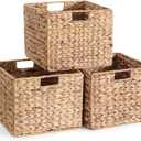 12X12X10in Water Hyacinth Storage Baskets, Wicker Storage Cubes Set of 3, Kitchen Baskets for Pantry Organization, Foldable Square Baskets for Shelves