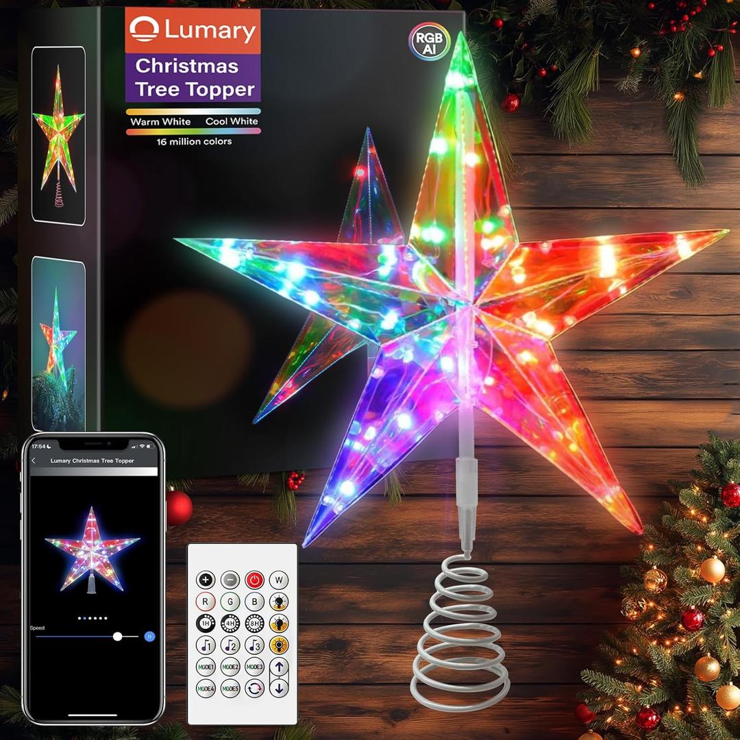 Lumary Smart Christmas Tree Topper Star 12 Inch, RGB Color Changing Xmas Decorations Lights Window Decor, Bluetooth APP and Remote Control