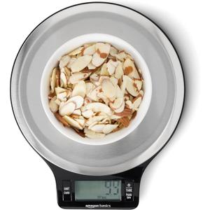 Amazon Basics Digital Kitchen Scale with LCD Display, Batteries Included, Weighs up to 11 pounds, Black and Stainless Steel