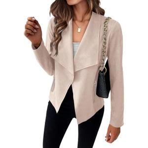 KIRUNDO Women's Faux Leather Suede Jacket 2024 Fall Fashion Light Long Sleeve Cropped Jacket Coats with Pockets(Beige Apricot, Medium)