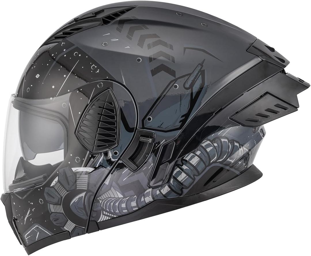 OUMURS DOT Motorcycle Full Face Helmet, Flip Up Dual Visor, Adult, Sun Shield, Lightweight, Street Bike, DOT Approved, Sport Bike, Unisex, Model-167, Future Gray - XL