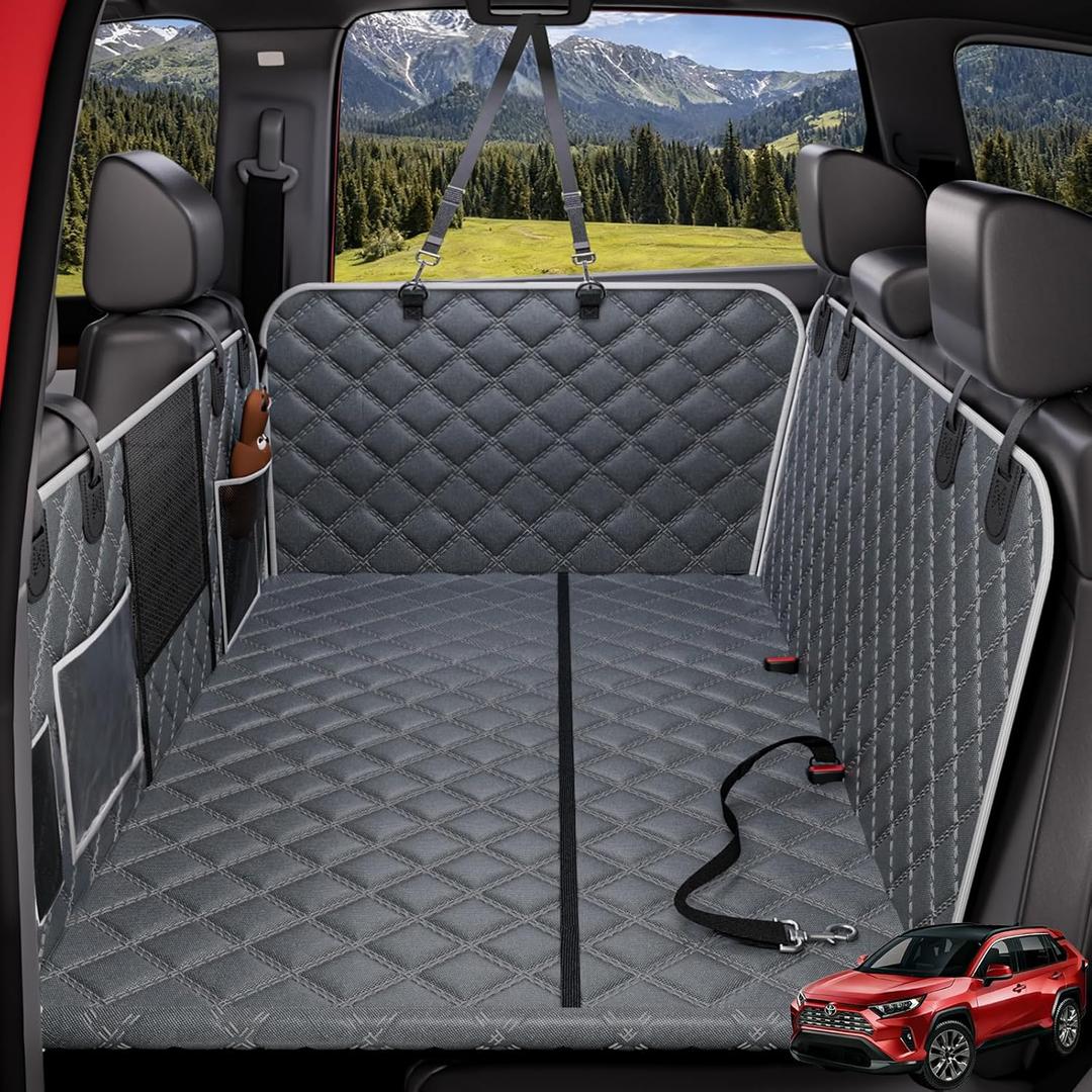 PetGenie Dog Car Seat Cover for Back Seat 10-Layer Military-Grade Protection, Hard Bottom Dog Hammock, Pet Bed Extender for Dogs, Waterproof Seat Protector Universal L Size Fits for SUV Medium Truck