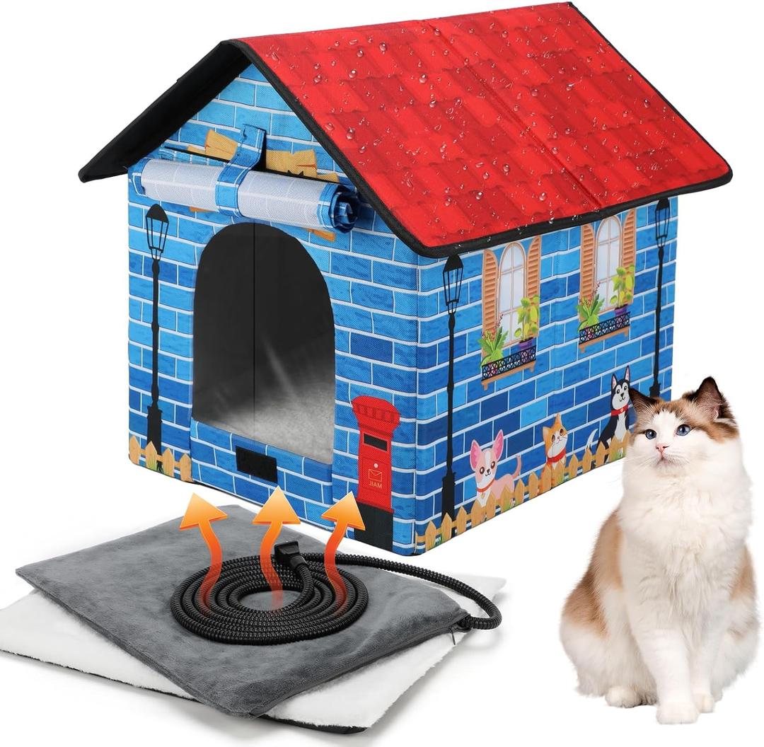 Heated Outdoor Cat House Double Door Heater Cats Shelter,Weatherproof Foldable Heat Kitty House with Insulated Kitten Heating Pad Bed for Feral Barn Cat Kitten Puppy Outside Pets in Winter (13.3"W*16.9"D*16.5"H, Colorful)