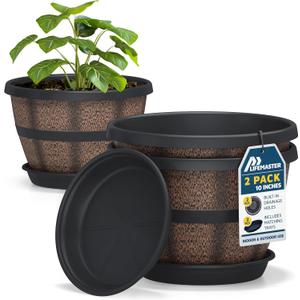 10-Inch Whiskey Barrel Planters Outdoor Pack of 2 - Durable Plastic Plant Pots for Indoor & Outdoor Use with Drainage & Saucer, Lightweight Rustic Barrel Planters for Flowers, Herbs & Small Plants