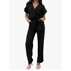 PRETTYGARDEN Women's Summer One Piece Jumpsuits Belted Short Sleeve Wrap V Neck Fashion Dressy Casual Wide Leg Pants Romper, XL