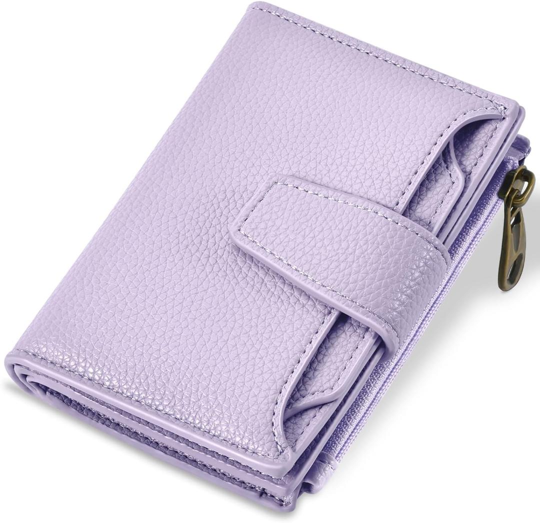Small Wallet Women RFID Blocking Soft Leather Bifold Compact Card Holder Wallet for Women with Zipper Coin Pocket 4 ID Window (Light Purple)