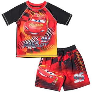 Disney Cars UPF 50+ Rash Guard Shirt and Swim Trunks Outfit Set Toddler to Little Kid Sizes (7-8)