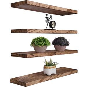 YYWUOJJ Wood Floating Shelves for Wall Decor, Rustic Wall Shelves for Bedroom Bathroom Kitchen Living Room, Set of 4 Light Walnut 24 Inch
