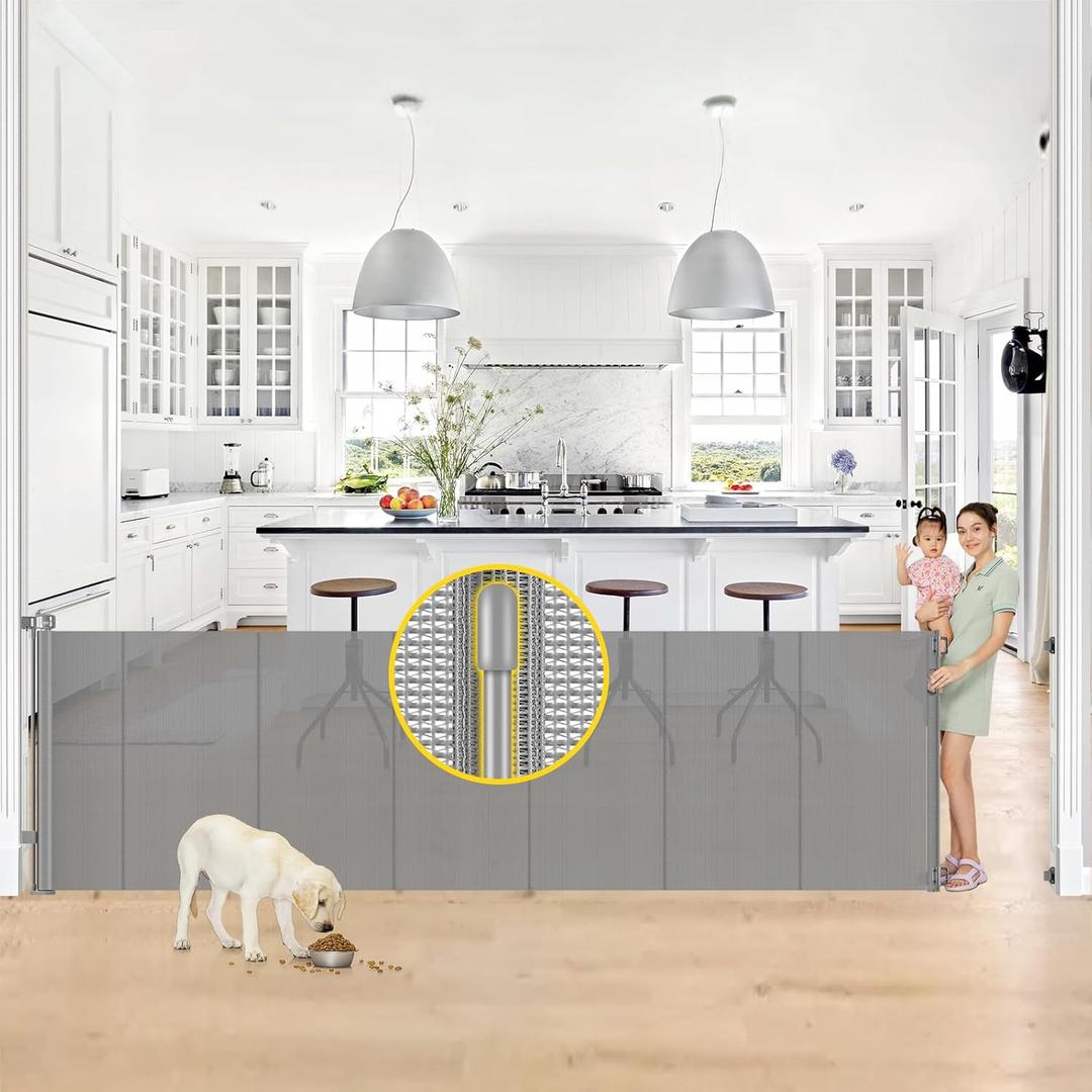 Reinforced 42 Tall x 130 Extra Wide Retractable Dog Gate Extra Tall Pet Gate with Rods to Prevent Crawling Through, Long Baby Gates for Dogs Child Safety Gate Mesh Dog Gate Indoor Outdoor, Gray, 330