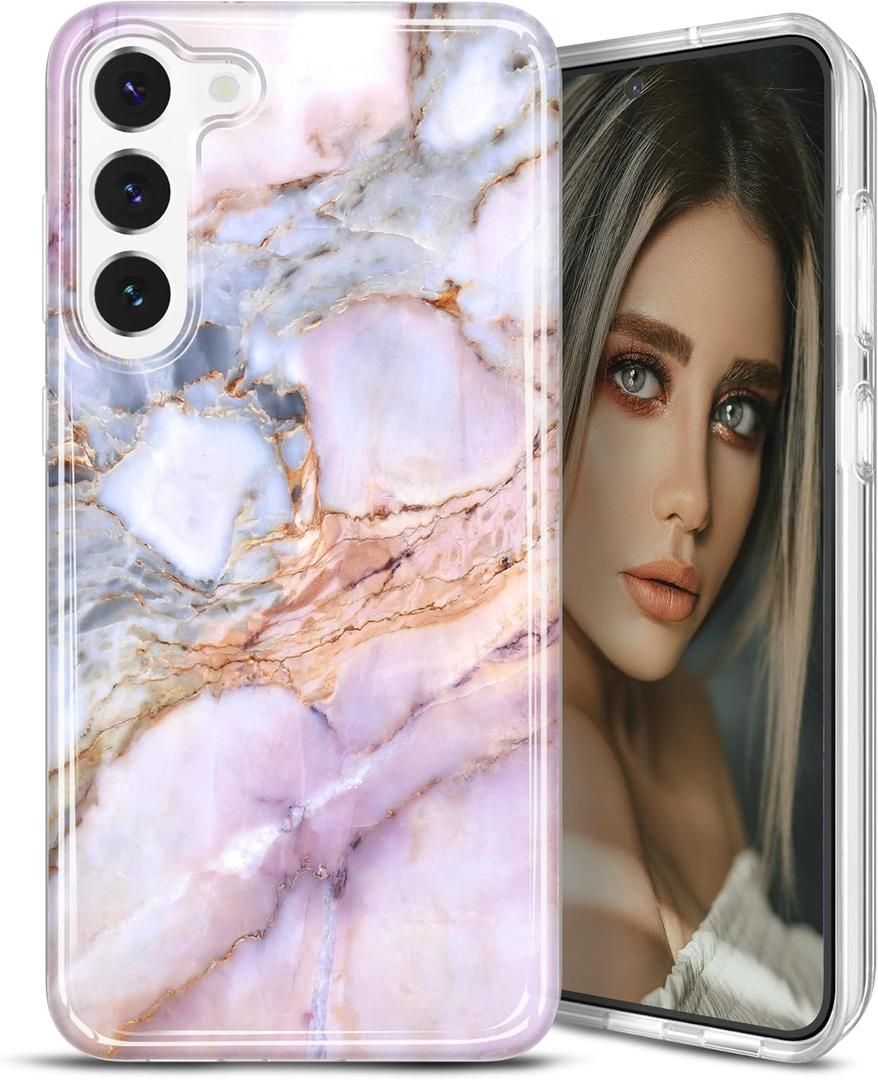 JAHOLAN Galaxy S23 Case Fashion Marble Design Clear Bumper Glossy TPU Soft Rubber Silicone Cover Phone Case for Samsung Galaxy S23 5G 6.1" 2023 - Purple Pink