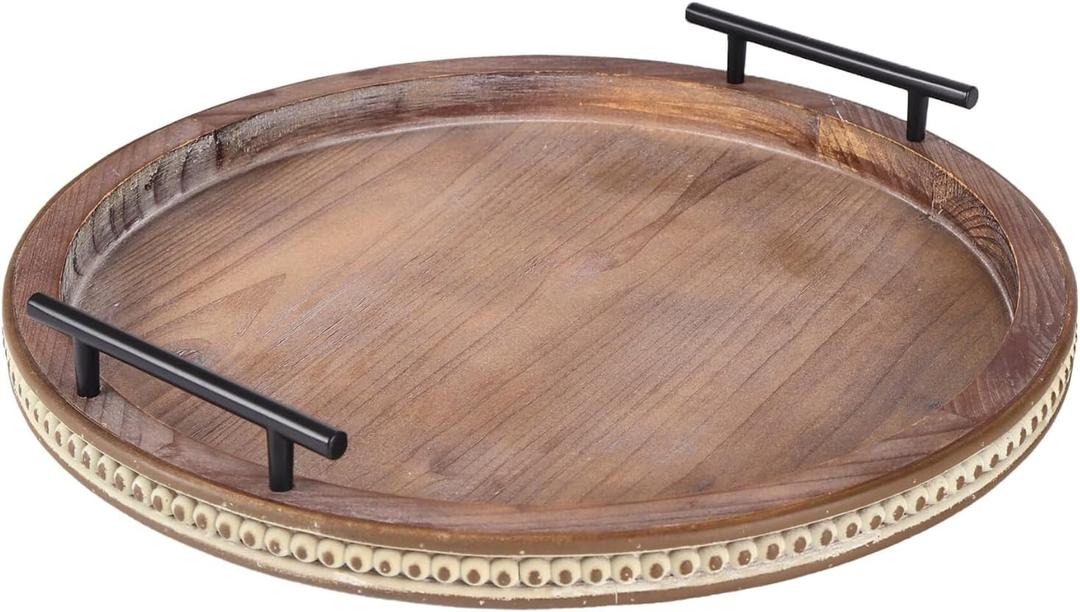 16 Inch Coffee Table Tray for Living Room, Beaded Round Wood Decorative Tray with Handles, Farmhouse Circle Trays for Kitchen Island Decor, Rustic Coffee Table Centerpiece Decor