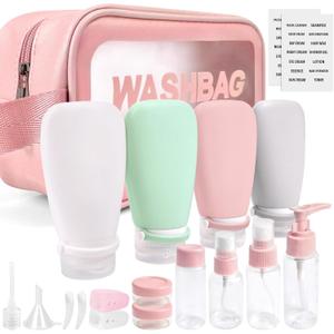 18 Pcs Travel Bottles for Toiletries Gym TSA Approved, Leak Proof with Bandage Silicone Squeezable 3oz for Toner Shampoo Conditioner Lotion Body Wash with Toothbrush Cover Tag and Wash Bag (Pink)
