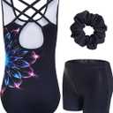 JiAmy Gymnastics Leotards for Girls with Cross Back Sparkly Dance Unitards with Shorts Biketards Outfit for 8-9 Years (Black)