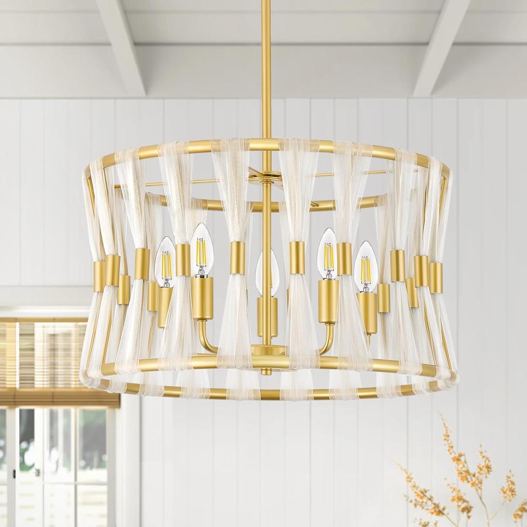 20" Large Gold Chandelier Light Fixtures, 5-Light Modern Drum Dining Room Chandeliers Over Table for Living Room Kitchen Island Entryway, E12