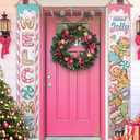 Deroro Welcome Christmas Gingerbread Man Porch Banner Sign, Pink Xmas Holly Jolly Front Door Decorative Hanging Banner Flag, Funny Winter Holiday Peppermint Candy Decoration Home Outdoor Decor