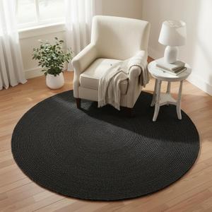 FRELISH DECOR Handwoven Jute Area Rug - Black Round Rustic Vintage Braided Reversible Rug - Eco Friendly Rug for Bedroom - Kitchen - Living Room - Farmhouse (6' Round - Black)