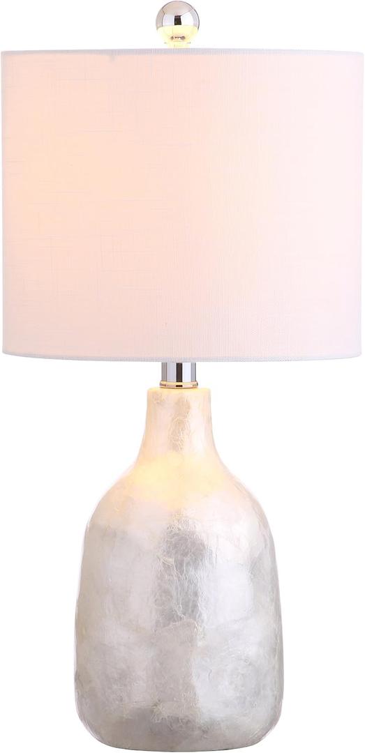 JONATHAN Y 21" Pearl White Seashell LED Table Lamp, Coastal Iridescent Capiz Shell Bedside Lamp for Bedroom Living Room, White Linen Drum Shade, LED Bulb Included JYL4007A