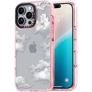 Pack of 2 Bouvardia for iPhone 16 Pro Case, Girly Shockproof Protective Phone Case & White Clouds Design, Aesthetic Cute Pink Glitter Cover from Talented Designer for Women and Girl