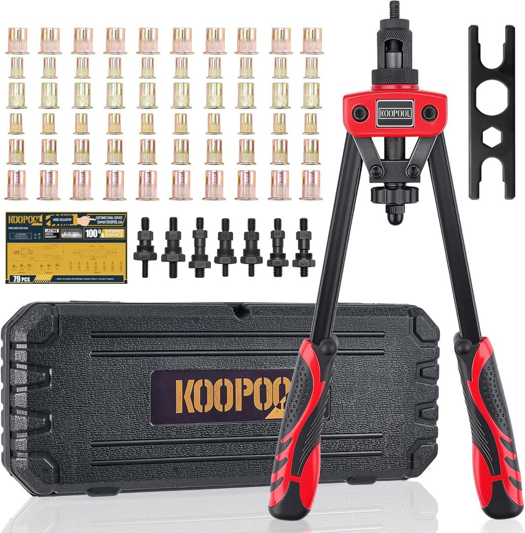 KOOPOOL 14" Rivet Nut Tool Kit, Heavy-Duty Rivnut/Nutsert Tool with 7 Mandrels (M6, M8, M10, 1/4"-202, 5/16"-18, 3/8"-16) & 70 Rivet Nuts, Rugged Rivnut Tool Kit with Carrying Case (14")