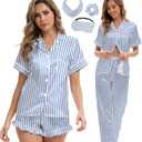 Silk Satin Pajama Set for Women 3-piece Short Sleeve Pajama with Pants Ruffle Shorts Cute Pj Set Button Down Sleepwear (Blue, S)