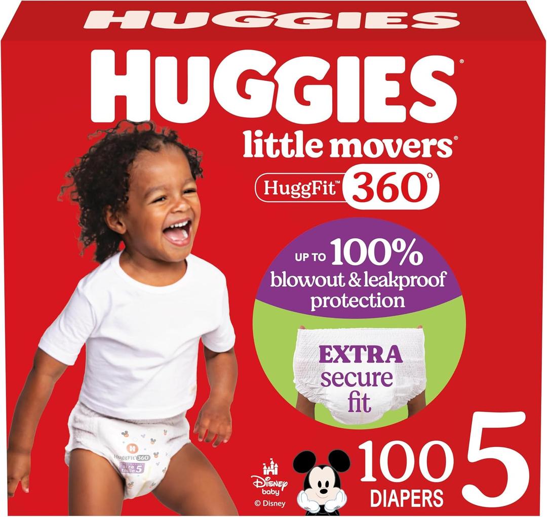 Huggies Size 5 Baby Diapers, Little Movers HuggFit 360° Baby Diapers with 360° Waistband, Size 5 (27+ lbs), 100 Count