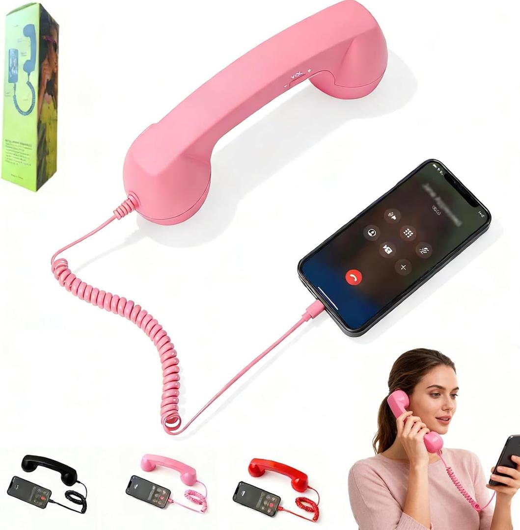 Retro Phone Handset for Type-C Devices, Vintage Style Cell Phone Receiver with Volume Control & Mic, Noise Reduction Wired Landline Handle Receiver for Mobile Video Conferences,Calls,Meetings (Pink)