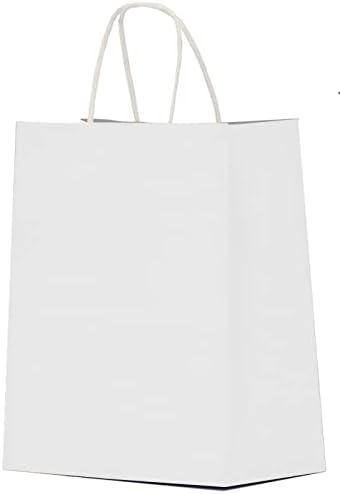 Qutuus White Paper Gift Bags with Handles Bulk 25 pcs 8x4.5x10 Medium White Paper Bags for Gifts, Valentines, Shopping, Retail