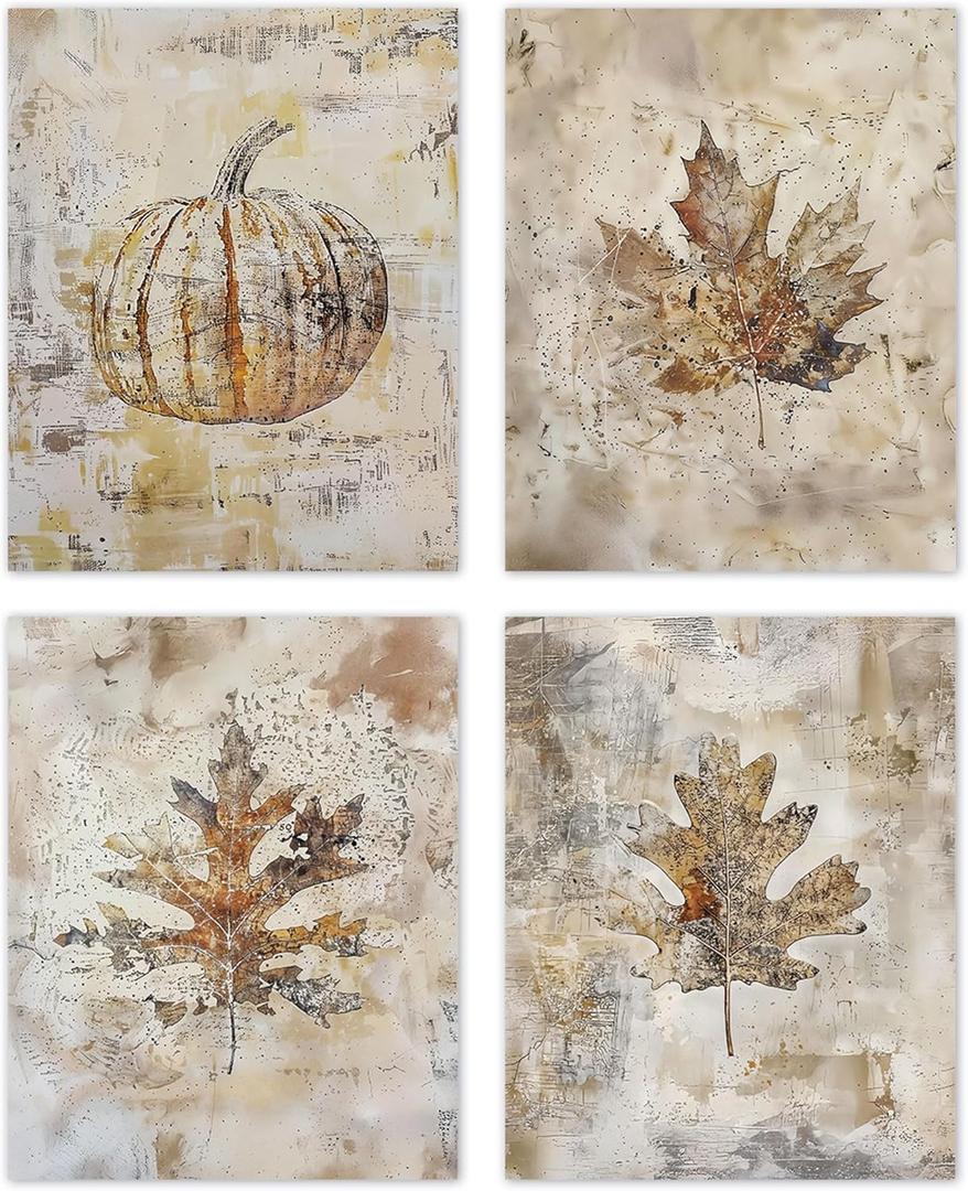 3 x TLESKE Vintage Fall Leaves Pumpkin Posters Prints Unframed 8x10 Set of 4, Autumn Rutsic Maple Oak Leaf Wall Art Prints Decor for Farmhouse Bedroom Living Room, Thanksgiving Wall Pictures (10L" x 8W")