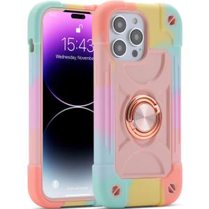MARKILL Compatible with iPhone 14 Pro Max Case 6.7 Inch with Ring Stand, [Soft Silicone and Hard Plastic ] Heavy-Duty Military Grade Shockproof Phone Cover for iPhone 14 Pro Max (Rainbow Pink)