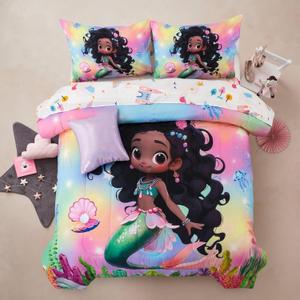 A Nice Night 6pcs Comforter Set,Black Girl Princess Mermaid with Green Tail Printed, Pink Gradient Glitter Rainbow Background Kids Bedding Set, Twin