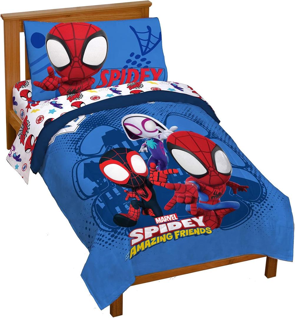 Jay Franco Marvel Spidey and His Amazing Friends 4 Piece Toddler Bed Set - Includes Comforter & Sheets, Super Soft Fade Resistant Microfiber, Machine Washable (Official Marvel Product)