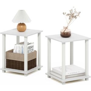 Furinno Simplistic Side Table Set of 2, 2-Tier Square Modern End Table, Nightstand, Night Stand, Bedside Table, Toolless Assembly, for Living Room, Bedroom, White, 2-Pack, Plastic Frame