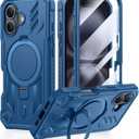 FNTCASE for iPhone 16 Phone Case: Magnetic Phone Cases with [Ring Kickstand] [Built-in Screen Protector] [Heavy Duty Military Grade Protection] Shockproof Rugged Protective Cell Phone Cover Blue