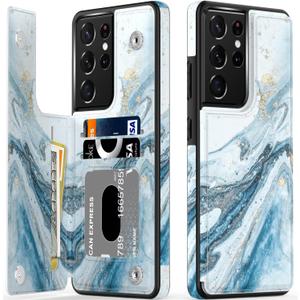 LETO Galaxy S21 Ultra Case,Flip Folio Leather Wallet Case Cover with Fashion Designs for Girls Women,Card Slots Protective Phone Case 6.8" Opal Blue Marble