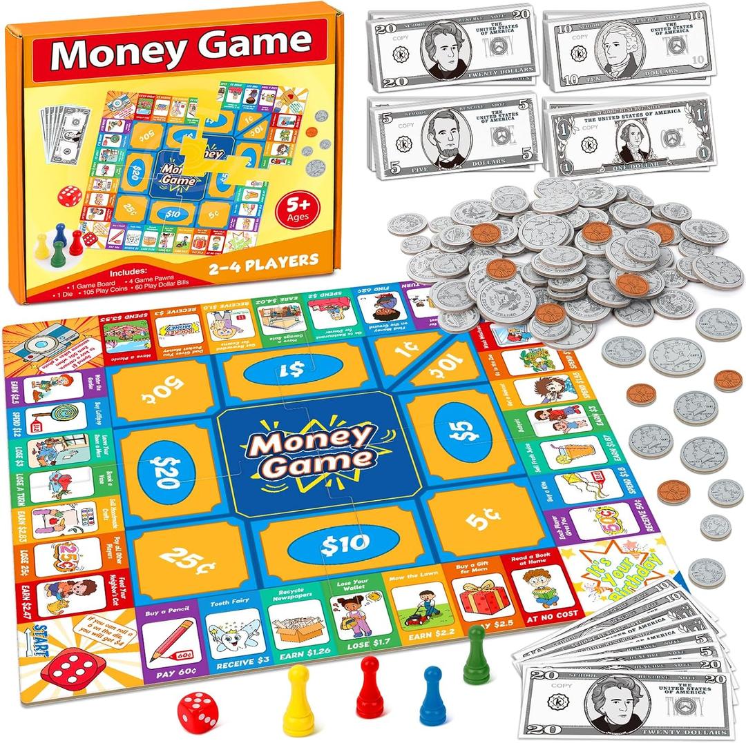 Torlam Money Board Games for Kids, Coins and Bills Toddler Pretend Play Toys, Money for Kids Learning Education Kindergarten Math Games Math Manipulatives, Homeschool Supplies Classroom Must Haves