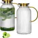 Buaic 2 PACK Glass Pitcher with Lid, 68 oz/ 2 Liter Classic Vertical Stripes Water Pitcher with Handle,Glass Water Carafe for Cold Brew, Coffee, Lemonade, Iced Sun Tea,Beverage,Heat Resistant (Clear)
