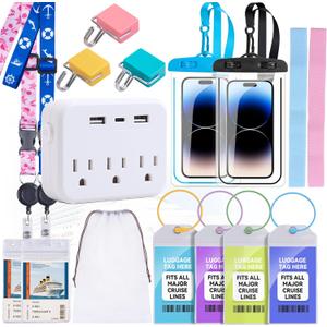Cruise Essentials 2026, Complete Cruise Must Haves Kit with Non-Surge Power Strip, Retractable Cruise Lanyards, Waterproof Phone Pouch, Magnetic Hook, Luggage Tag, Towel Bands, Storage Bag
