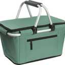 Picnic Basket, SIYUAN Collapsible Shopping Basket with Handles 27L Large Market Basket with Lid Reusable Folding Grocery Basket Insulated Cooler Bag, Green