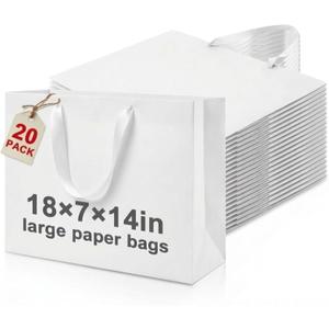 Fuyoooo 20 Pcs 18" x 7" x 14" Extra Large Gift Bags with Ribbon Handles, Reusable Heavy Duty Sturdy Kraft Paper Bags Bulk for Shopping, Retail, Grocery, Wedding Gifts, Party Favors (White)
