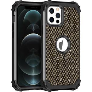 LONTECT for iPhone 12/iPhone 12 Pro Case Glitter Sparkly Bling 3 in 1 Shockproof Heavy Duty Hybrid Sturdy High Impact Protective Cover Case for Apple iPhone 12/12 Pro 6.1 inch,Shiny Black