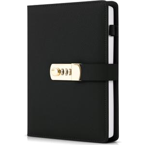 Aesthetic Diary with Lock  Beautiful Leather Journal with Easy to Change Code Lock & Refillable Pages  Quality Planner for Women with Bookmark & Pen Holder to Securely Protect Thoughts & Memories (Black)