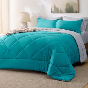 Bedsure King Size Comforter Set - 7 Pieces Reversible Teal Bedding, King Size Bed Set for All Seasons, Bed in a Bag with Down Alternative Comforter, Sheets, Pillowcases & Shams